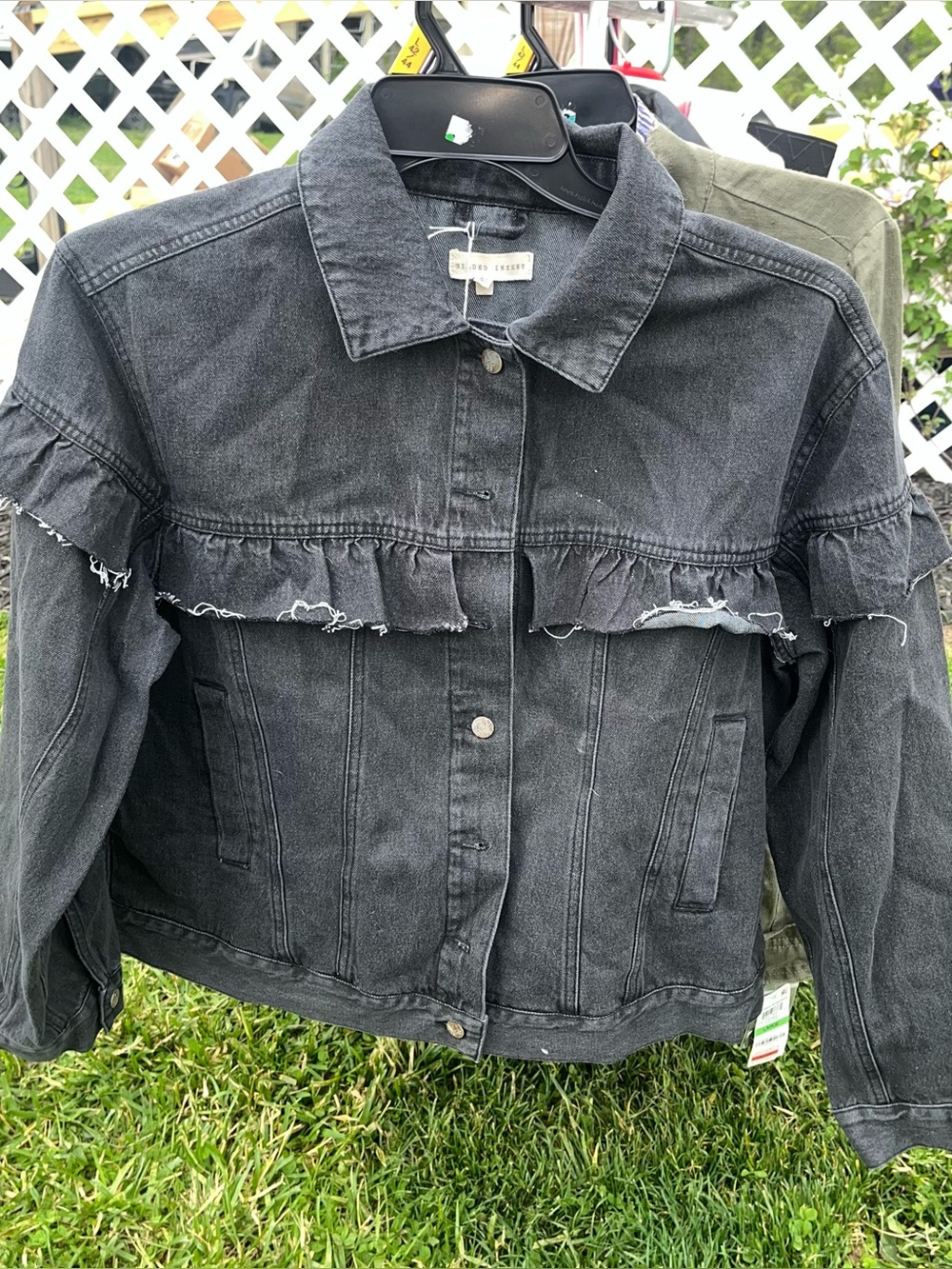 Gilded Intent Black Ruffle-Trim Denim Jacket